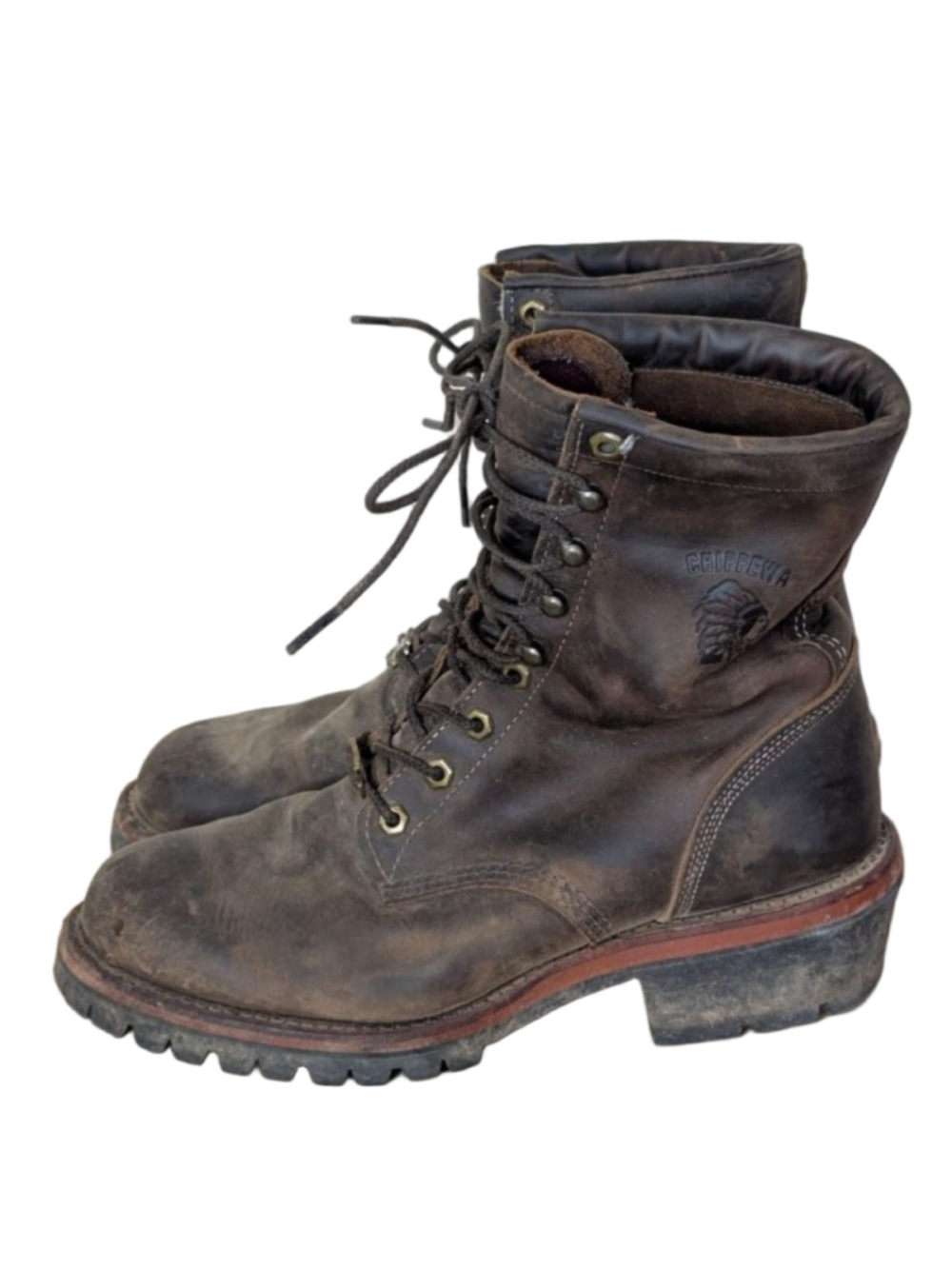 Men's Chippewa Brown Leather Work Boots 9.5 with Red Accents